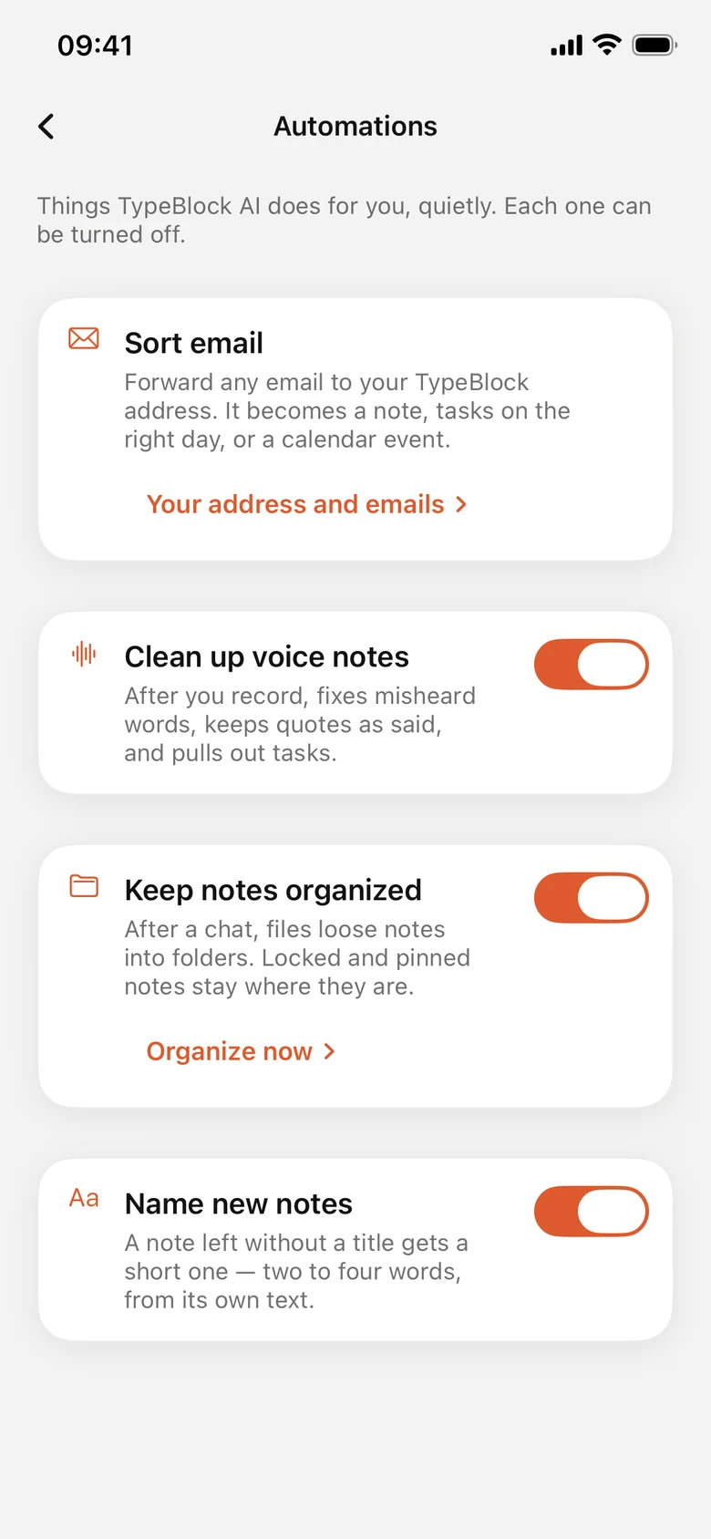 Typeblock’s automations screen with switches for voice notes, organizing and naming