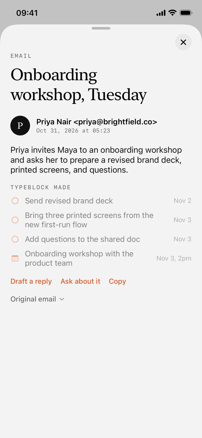 An email in Typeblock with a summary, three tasks and a calendar event the AI made from it