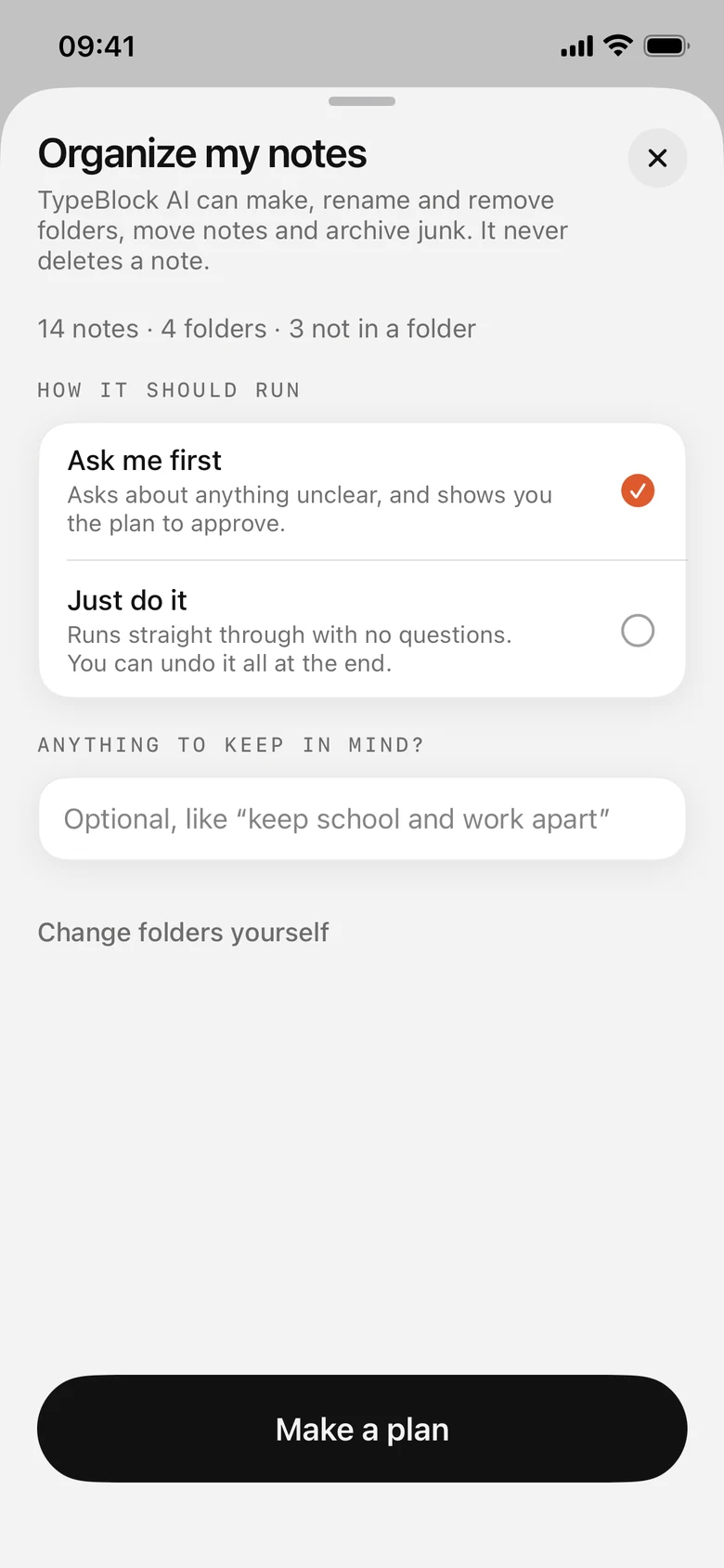 The Organize my notes sheet with options to ask first or just do it